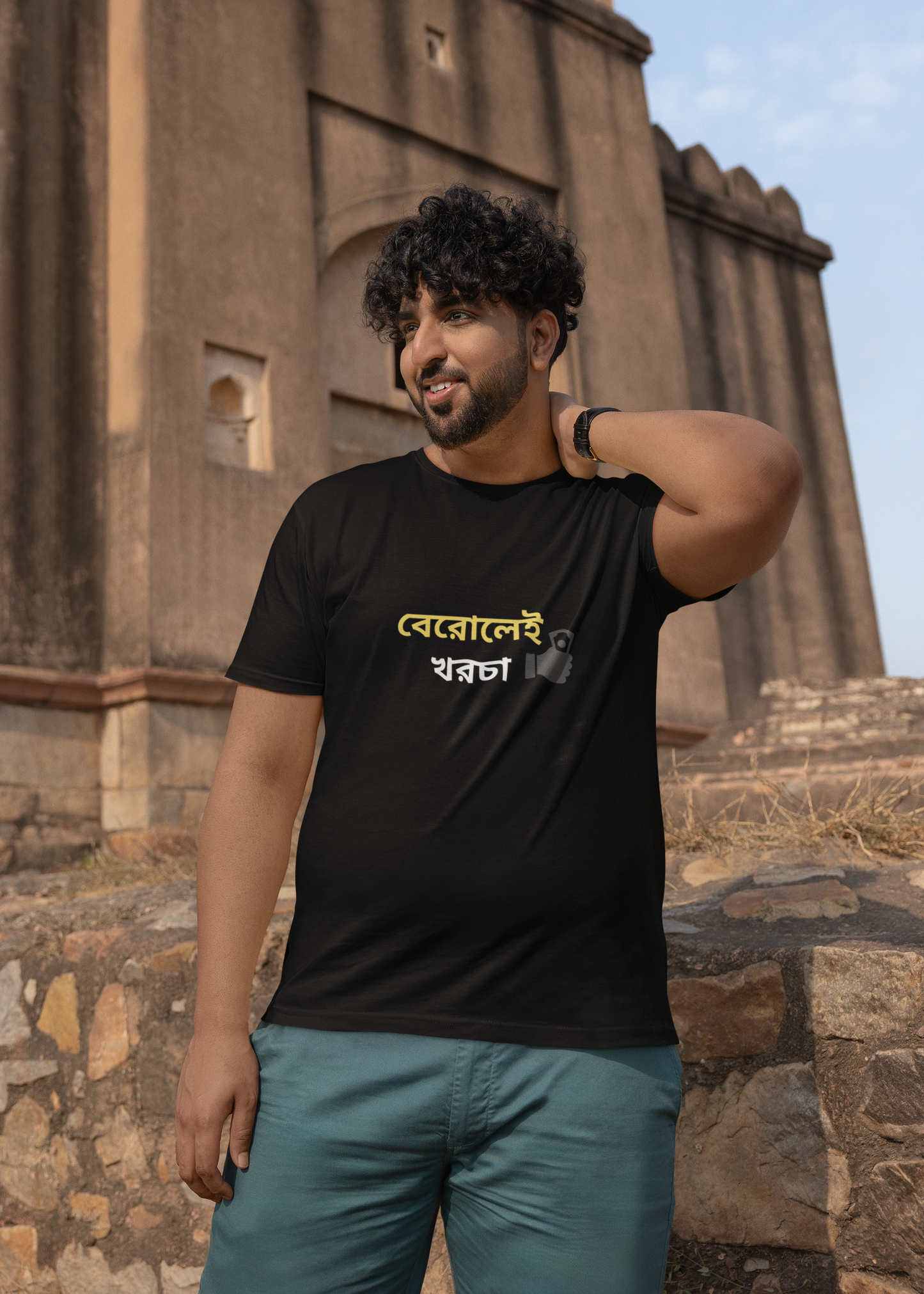 Black bengali printed berolei khorcha half sleeve tshirt