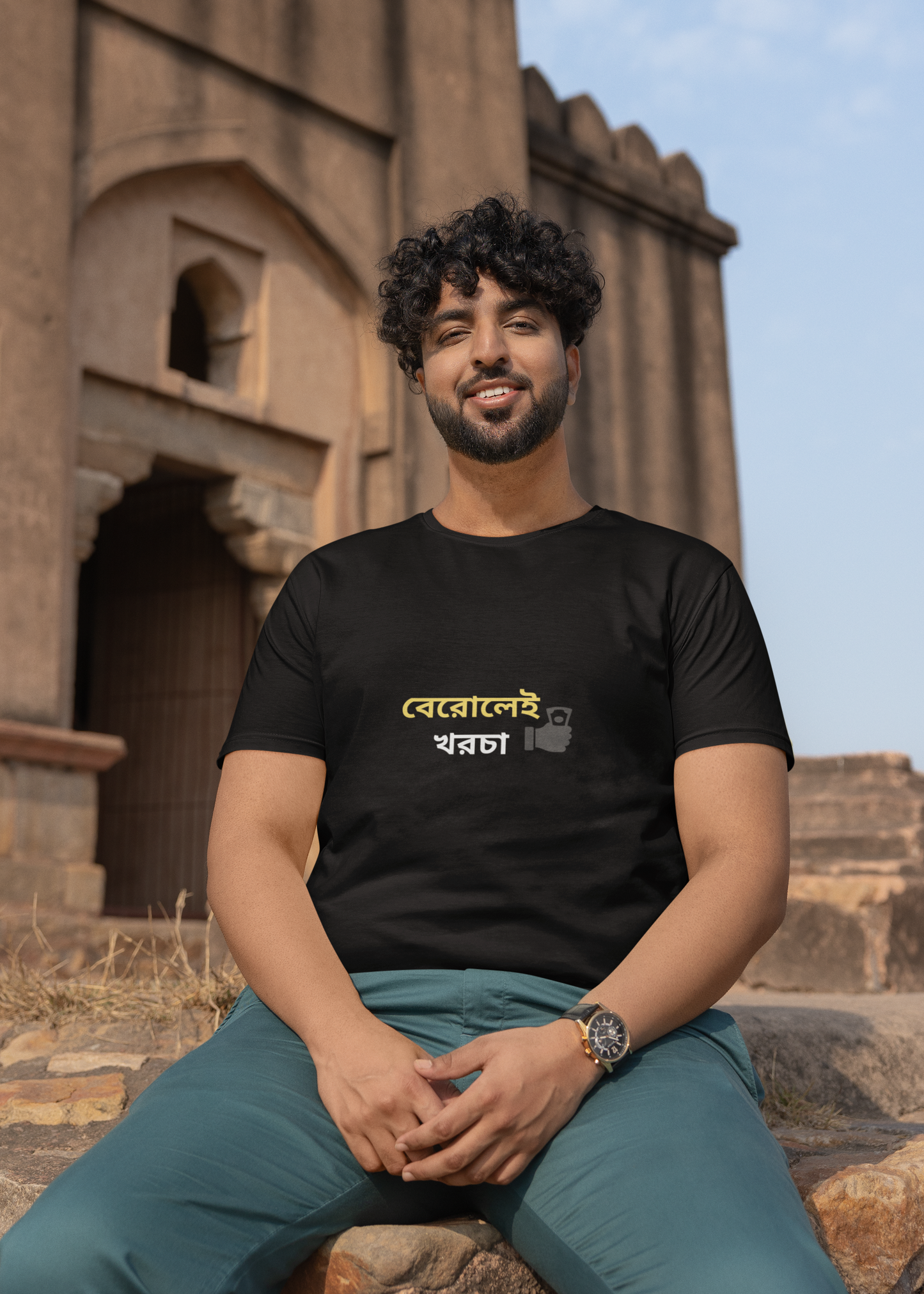 Black bengali printed berolei khorcha half sleeve tshirt